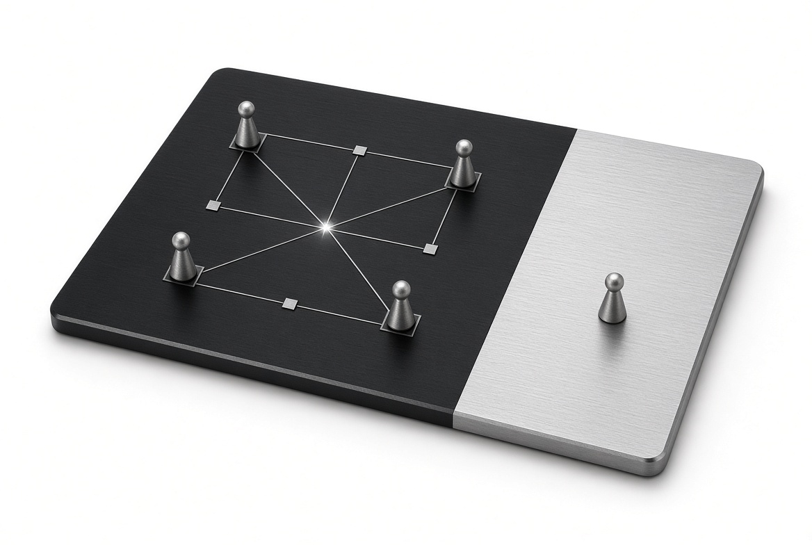 A graphite board with a brushed silver end, five silver pieces joined by thin lines around a single point of light.