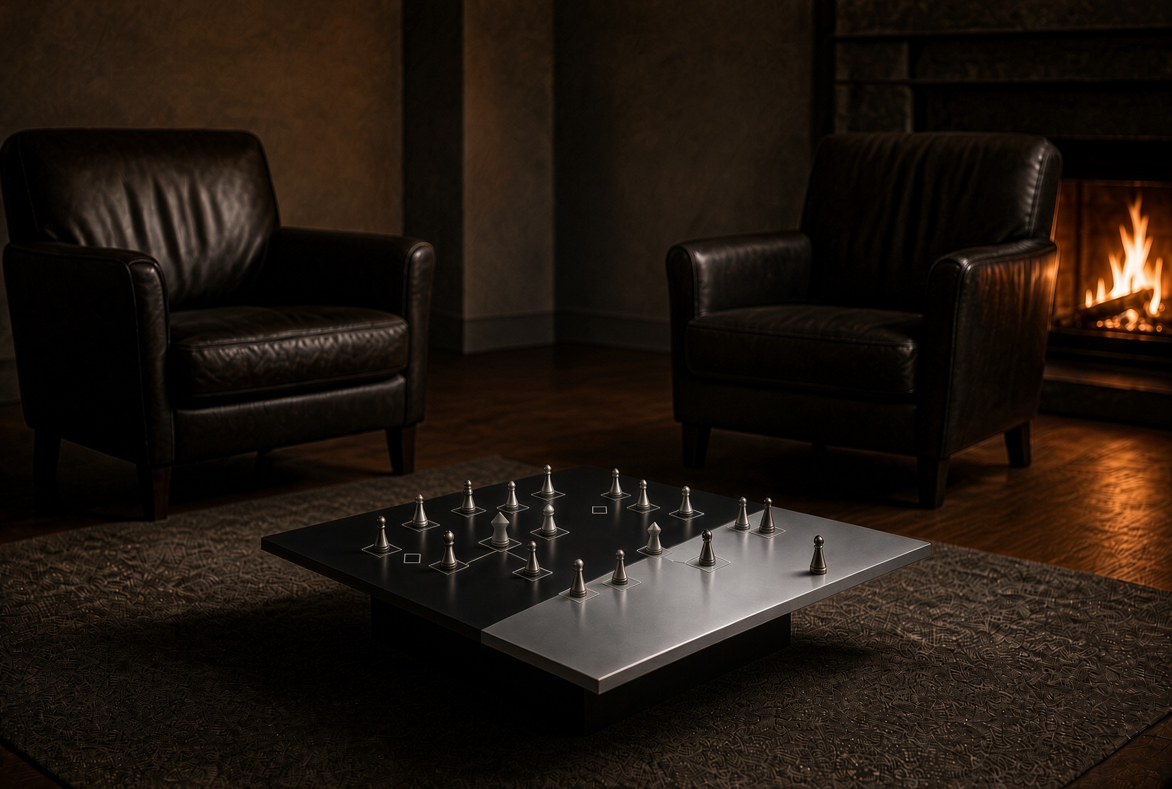 Two leather armchairs by a fire, a low graphite and silver board between them with pieces on outlined squares.